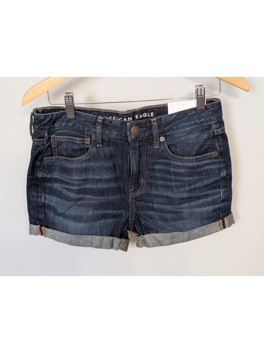 American Eagle TOMGIRL MIDI Size 2 Women Stretch Denim Jean Shorts Roll Cuff
